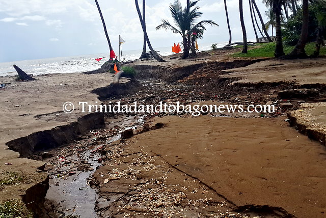 Erosion caused by water that forced its way to the sea, just south of the Manzanilla beach facility